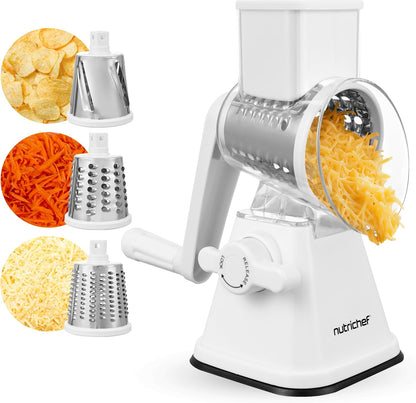 Nutrichef 3 in 1 Cheese Grater & Shredder | Strong Suction Base, Rotary Handle with Safety Lock | Includes Hand Crank & 3 Drum Blades for 3 Textures, Fine, Medium & Strips | White