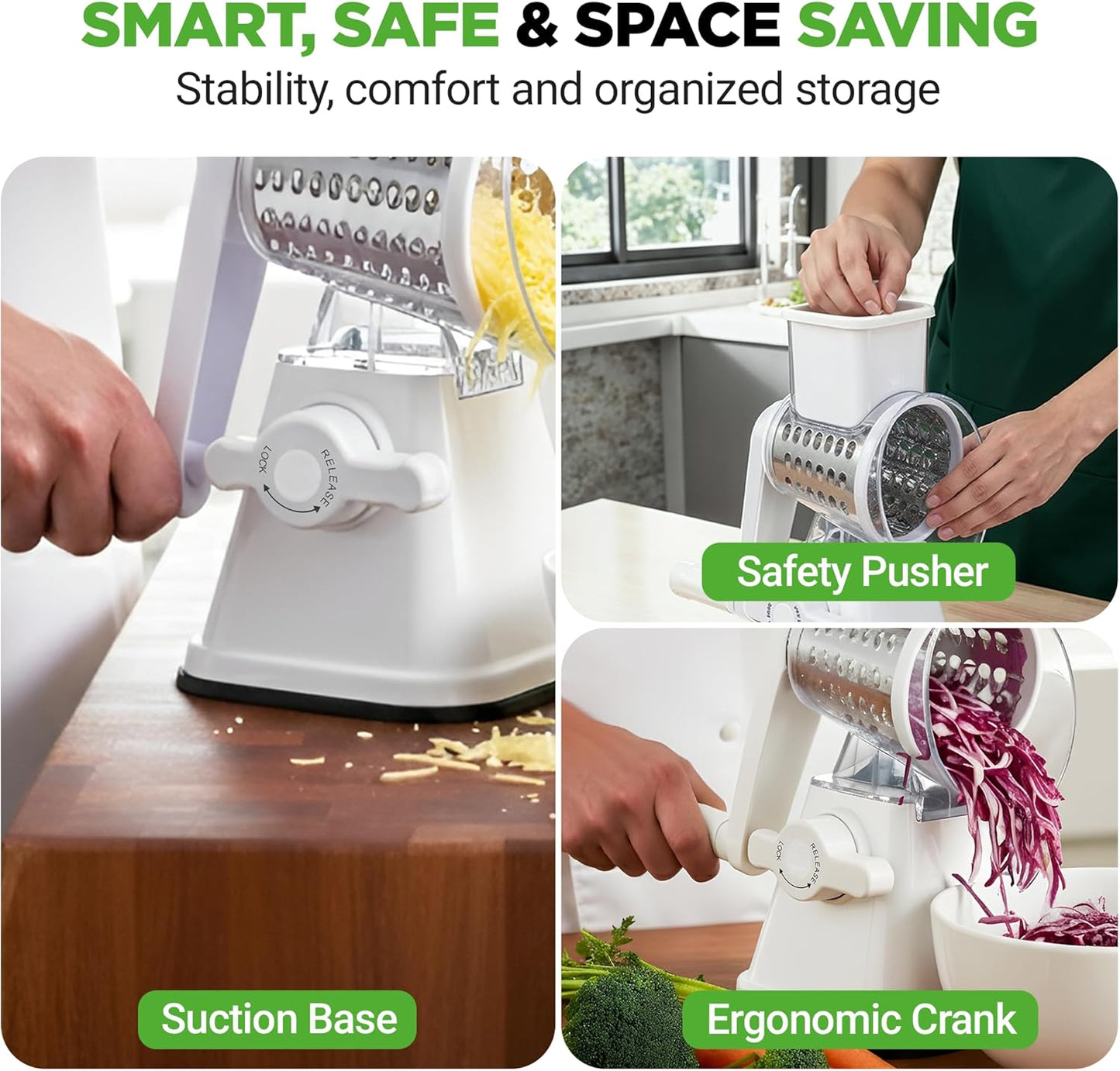 Nutrichef 3 in 1 Cheese Grater & Shredder | Strong Suction Base, Rotary Handle with Safety Lock | Includes Hand Crank & 3 Drum Blades for 3 Textures, Fine, Medium & Strips | White