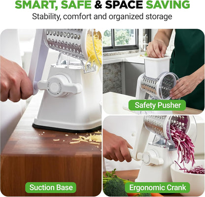 Nutrichef 3 in 1 Cheese Grater & Shredder | Strong Suction Base, Rotary Handle with Safety Lock | Includes Hand Crank & 3 Drum Blades for 3 Textures, Fine, Medium & Strips | White