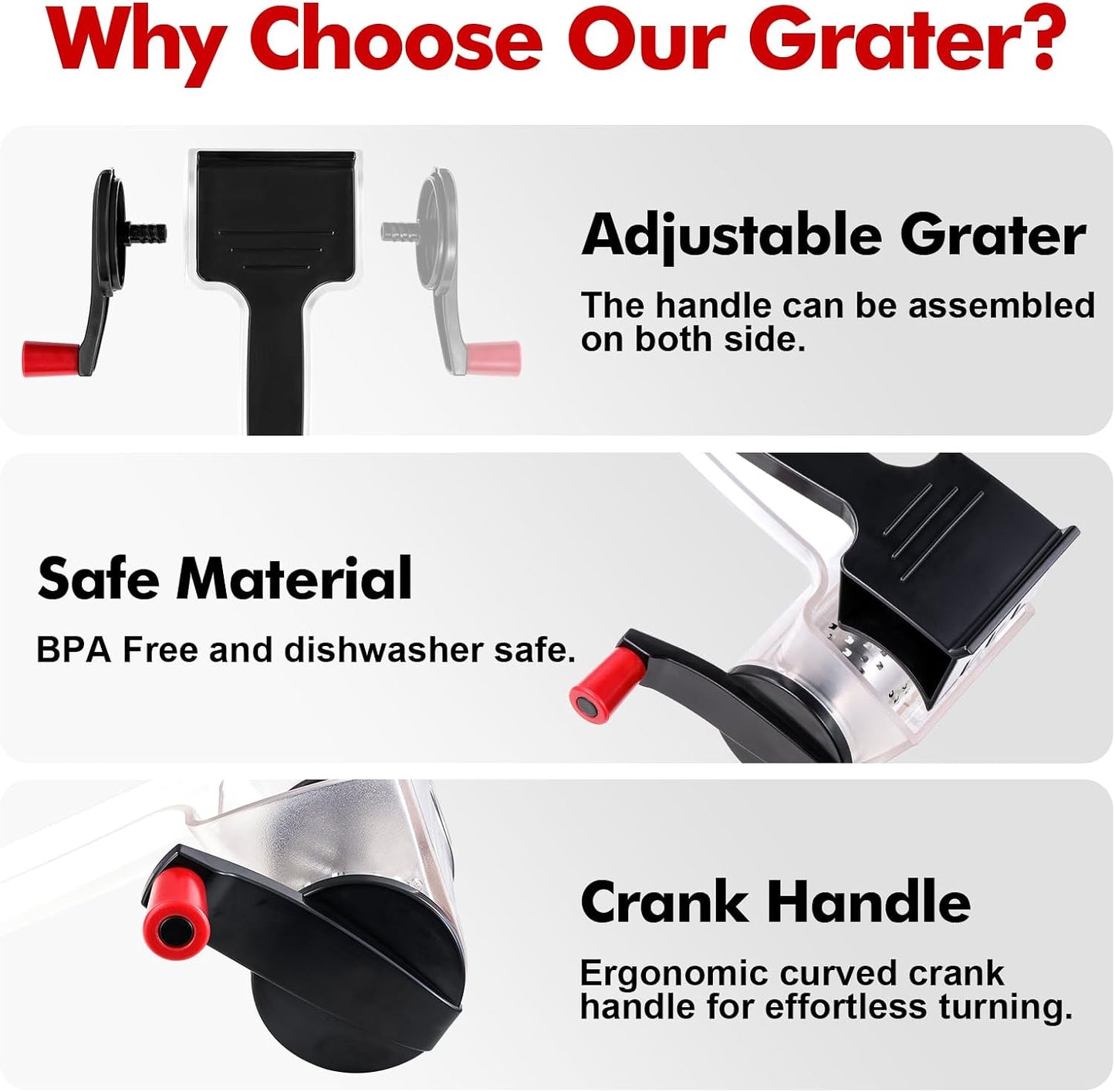 Cheese Grater Hand Crank, Kitchen Rotary Grater Handheld, Dishwasher Safe Parmesan Cheese Grater with Stainless Steel Blade for Hard Cheese,Chocolate,Nuts, Black