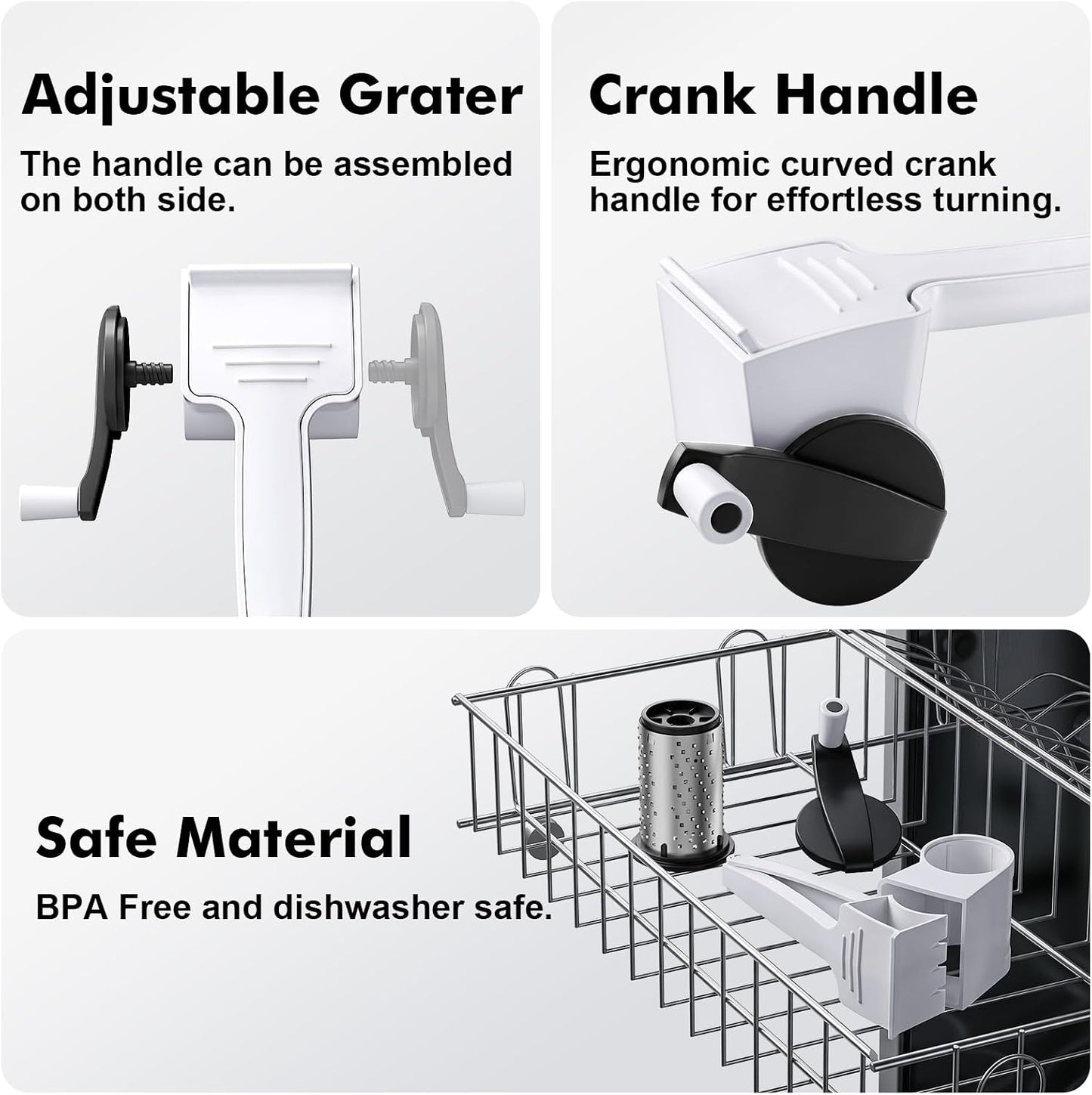 Cheese Grater Hand Crank, Kitchen Rotary Grater Handheld, Dishwasher Safe Parmesan Cheese Grater with Stainless Steel Blade for Hard Cheese,Chocolate,Nuts, Black