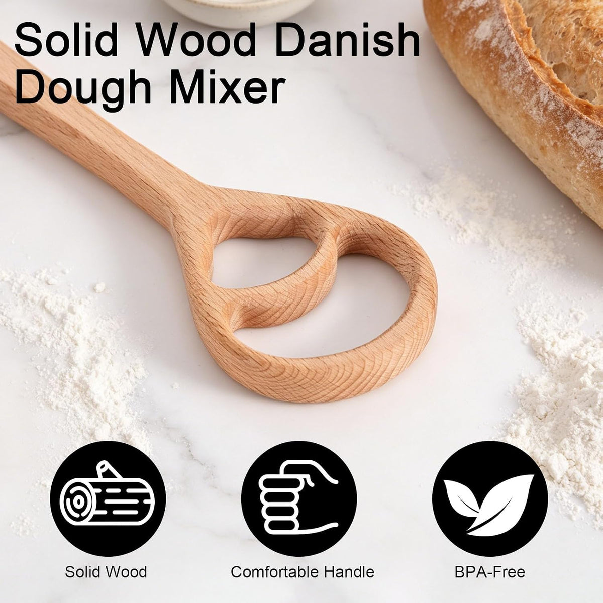 2pcs Wooden Danish Dough Whisk, 12.2" Dutch Wood Bread Whisk Sourdough Mixing Mixer Tool for Pizza Dough Batter Baking Food-Safe Home Kitchen Tools Supplies