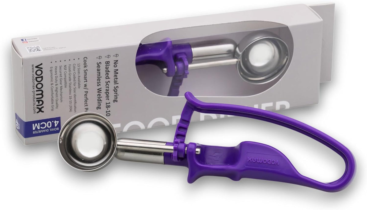 Size 40 ORCHID (0.71 oz.) VODOMAX Heavy Duty Food Disher, Stainless 18-10, #40 Scoop, Cookie Dough Portion Control, Palm-Squeeze, Ice Cream Disher, Gelato Scoop, 3/4 oz. disher, 3/4 ounce scoop