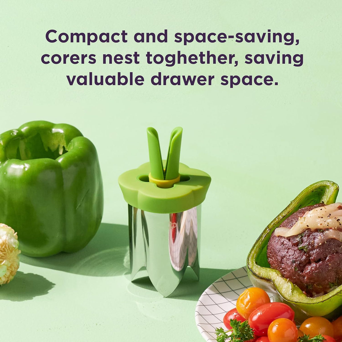 2-in-1 Bell Pepper and Jalapeno Corer Set, 2-Piece Stainless Steel Corer Tool, Seed Remover & Deseeder for Stuffed Peppers, Quick Prep Kitchen Gadget with Nesting Storage, Dishwasher Safe