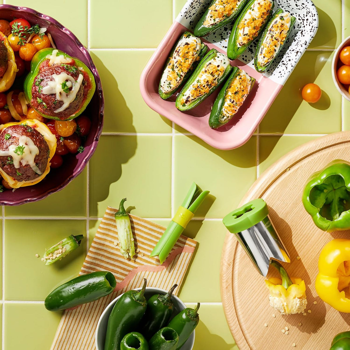 2-in-1 Bell Pepper and Jalapeno Corer Set, 2-Piece Stainless Steel Corer Tool, Seed Remover & Deseeder for Stuffed Peppers, Quick Prep Kitchen Gadget with Nesting Storage, Dishwasher Safe