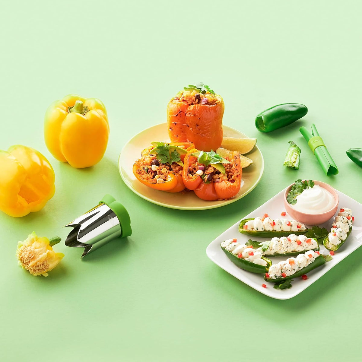 2-in-1 Bell Pepper and Jalapeno Corer Set, 2-Piece Stainless Steel Corer Tool, Seed Remover & Deseeder for Stuffed Peppers, Quick Prep Kitchen Gadget with Nesting Storage, Dishwasher Safe