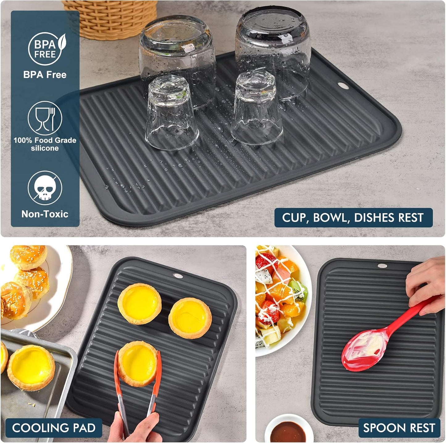 446℉ Heat Resistant BPA Free Silicone Trivets for Hot pots and Pans, for Kitchen Counter Dish Drying Mat, Set of 2 Dark Grey