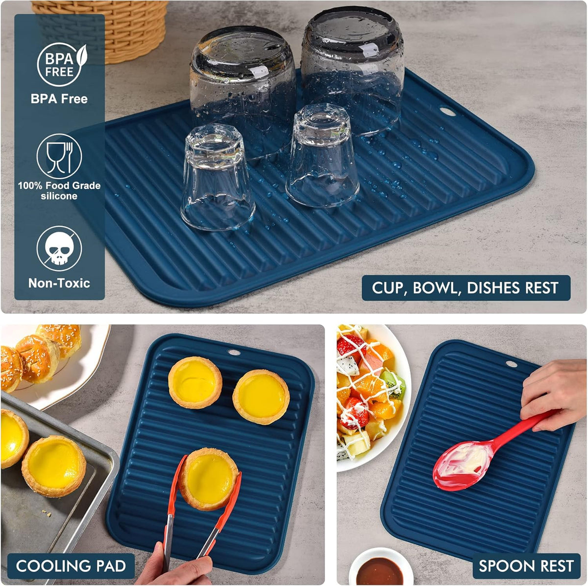 446℉ Heat Resistant BPA Free Silicone Trivets for Hot pots and Pans, for Kitchen Counter Dish Drying Mat, Set of 2 Dark Grey