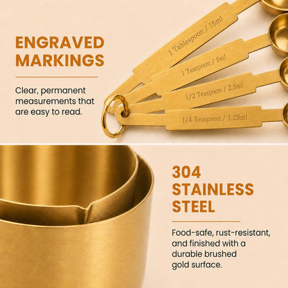 Gold Measuring Cups and Spoons Set, 8 Piece Stainless Steel Measuring Cup and Spoon Set for Baking and Cooking, Stackable Gold Kitchen Measuring Utensils for Dry and Liquid Ingredients
