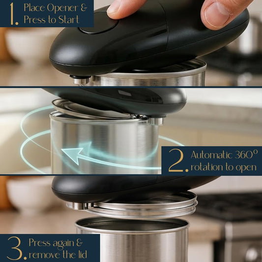 Electric Can Opener – Automatic One Touch Hands Free Can Opener for Seniors, Battery Operated Cordless, Smooth Edge Safety, Handheld Stainless Steel Blade, Open Any Size Can, Black