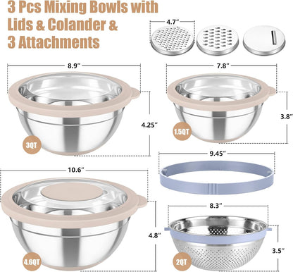 Mixing Bowls with Colander, Stainless Steel Salad Bowls, Khaki