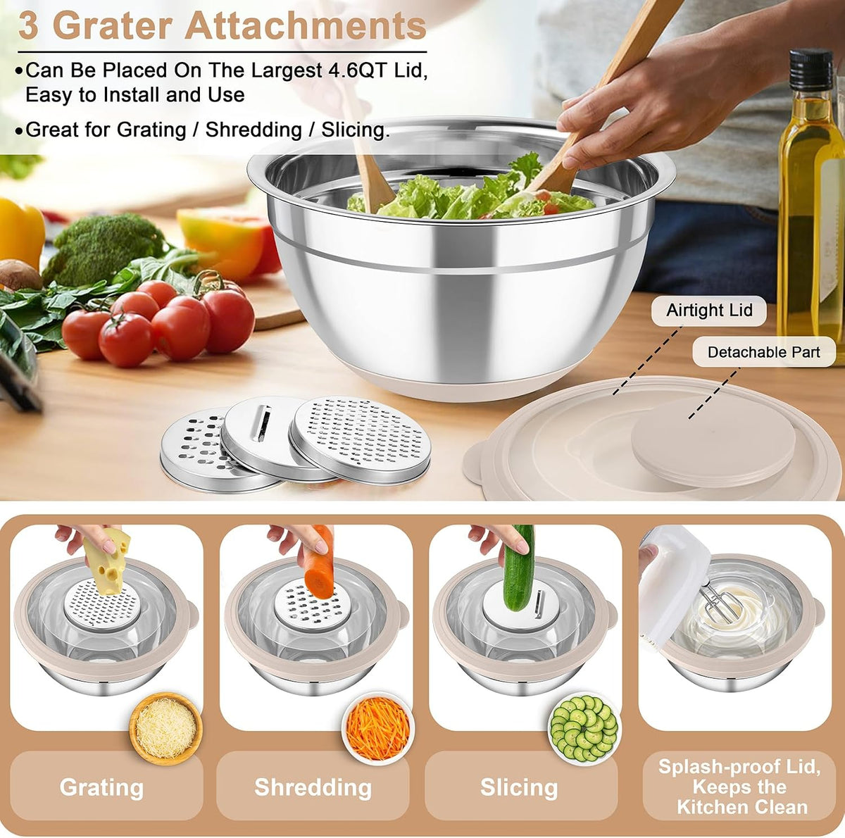Mixing Bowls with Colander, Stainless Steel Salad Bowls, Khaki