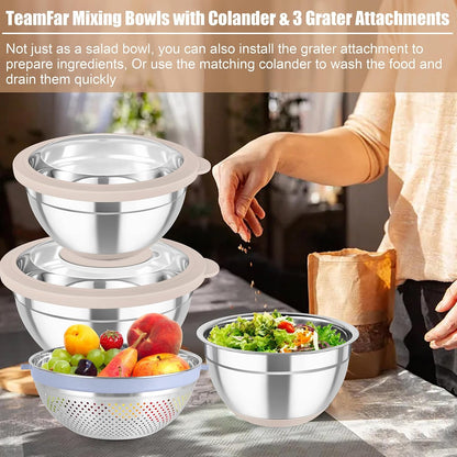 Mixing Bowls with Colander, Stainless Steel Salad Bowls, Khaki