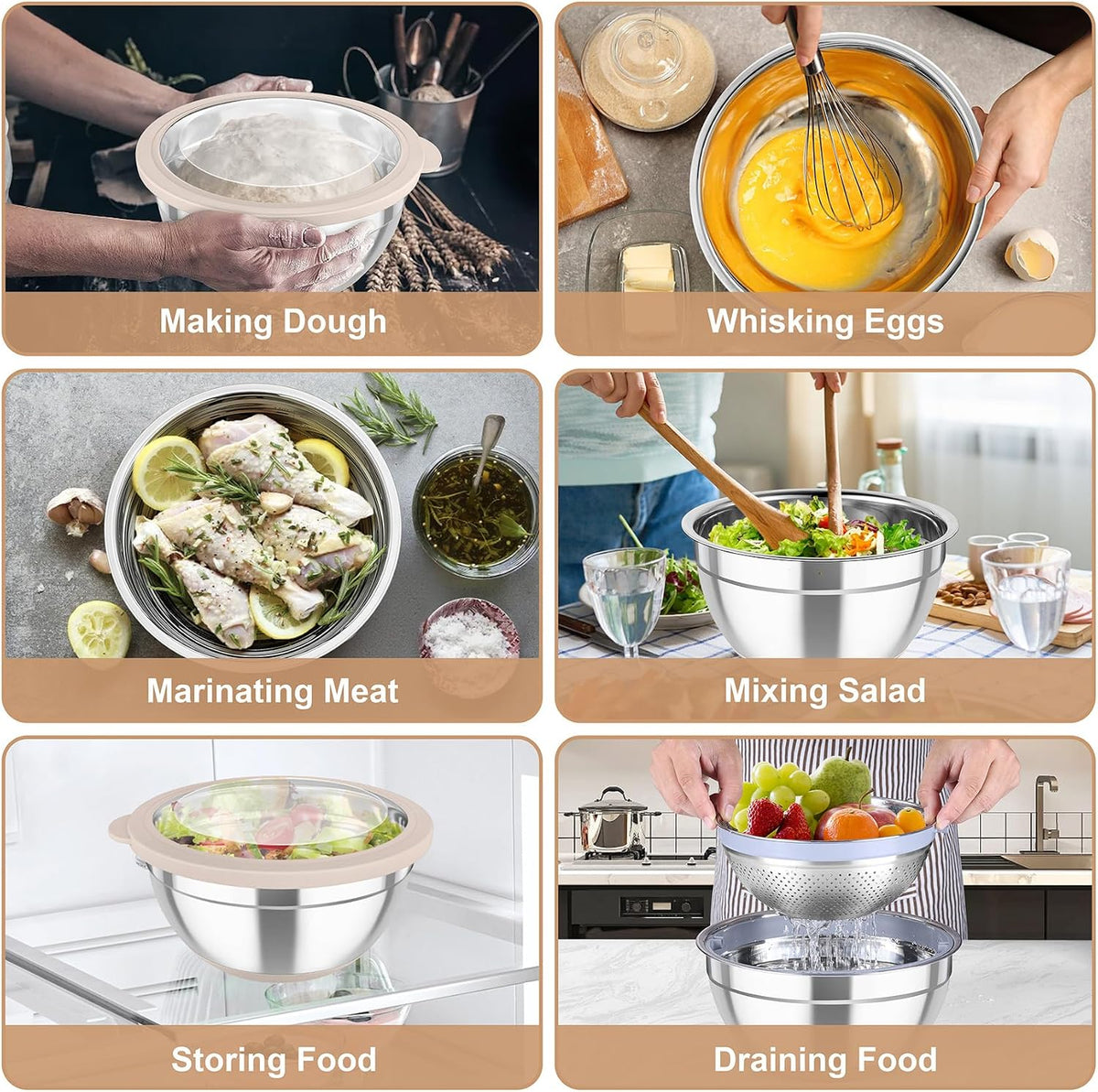 Mixing Bowls with Colander, Stainless Steel Salad Bowls, Khaki