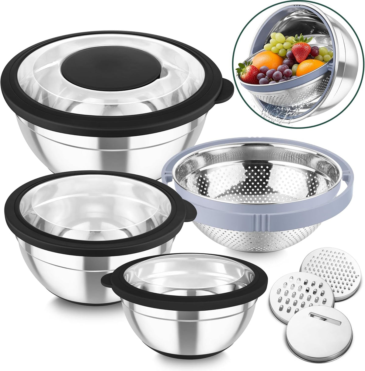 Mixing Bowls with Colander, Stainless Steel Salad Bowls, Khaki