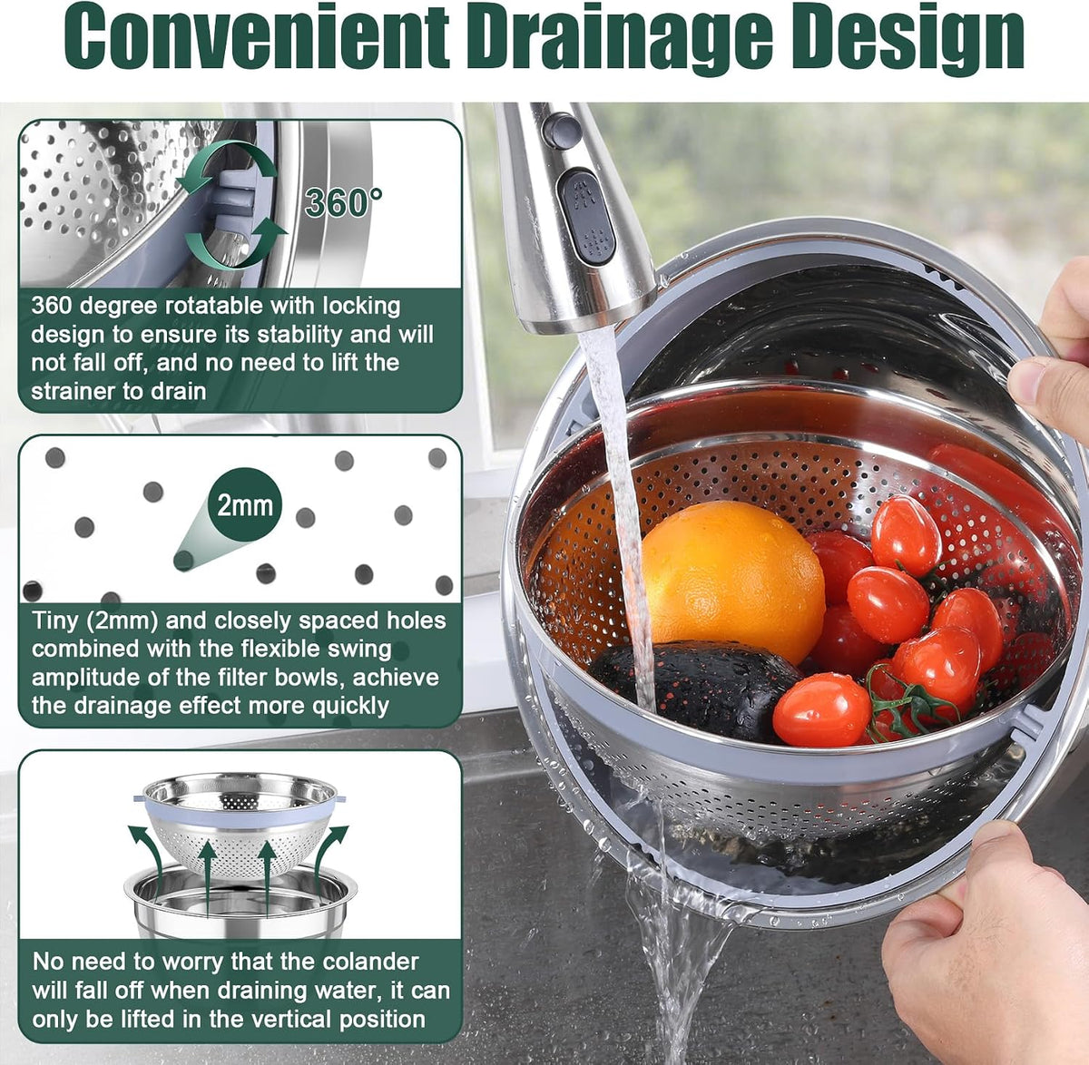 Mixing Bowls with Colander, Stainless Steel Salad Bowls, Khaki