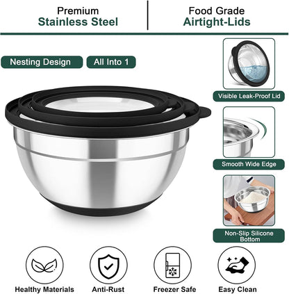 Mixing Bowls with Colander, Stainless Steel Salad Bowls, Khaki