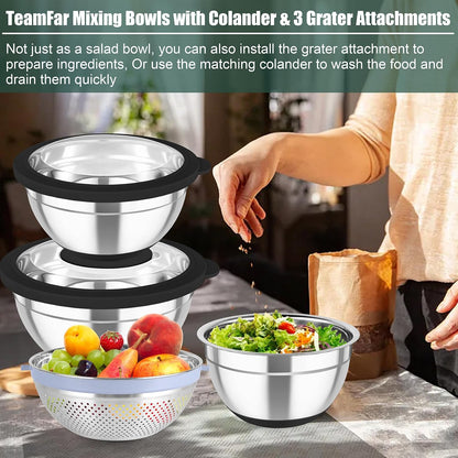 Mixing Bowls with Colander, Stainless Steel Salad Bowls, Khaki