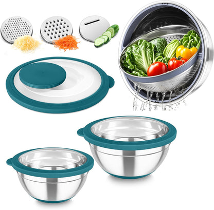Mixing Bowls with Colander, Stainless Steel Salad Bowls, Khaki