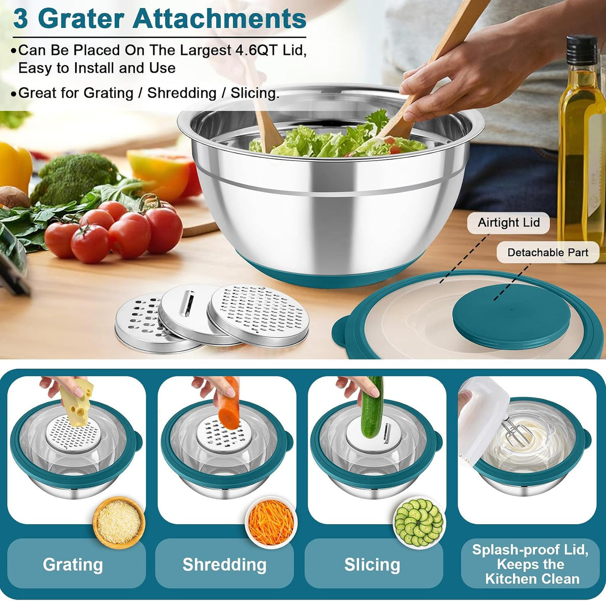 Mixing Bowls with Colander, Stainless Steel Salad Bowls, Khaki