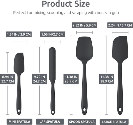 Heat Resistant Silicone Spatula Set: 600ºF High Temp Seamless Food Grade Utensil, Flexible Rubber Silicon Kitchen Cooking Mixing Baking Scraper for Nonstick Cookware Set of 4 (Black)