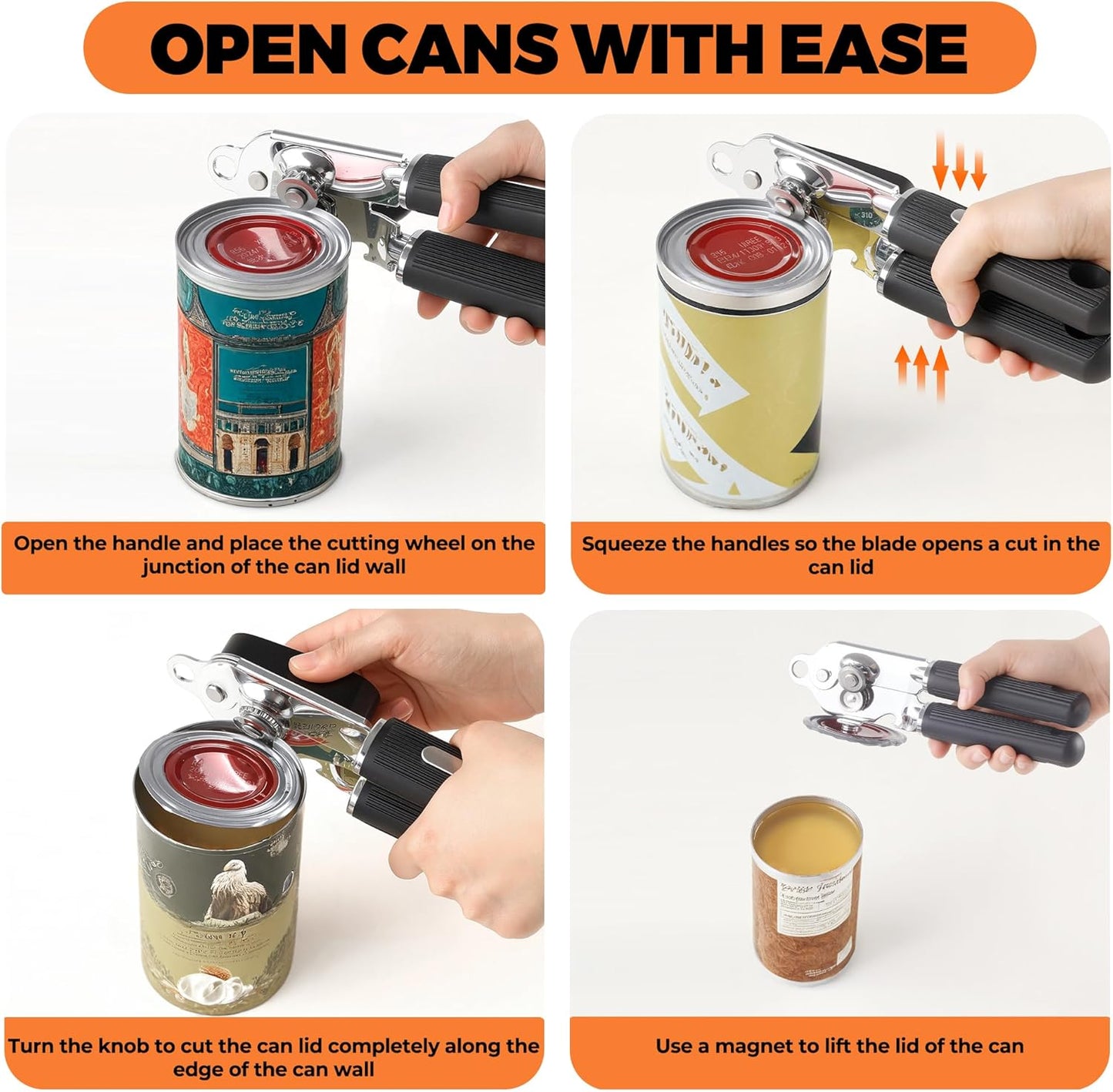 Manual Can Opener Heavy Duty Stainless Steel Smooth Edge with Magnet | Large easy turn knob ,Smooth cutting stainless steel blade,Built in bottle opener,Arthritis friendly ergonomic design