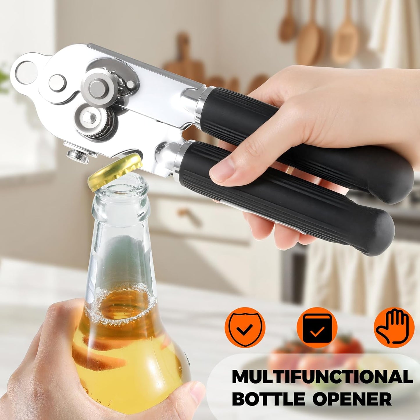 Manual Can Opener Heavy Duty Stainless Steel Smooth Edge with Magnet | Large easy turn knob ,Smooth cutting stainless steel blade,Built in bottle opener,Arthritis friendly ergonomic design