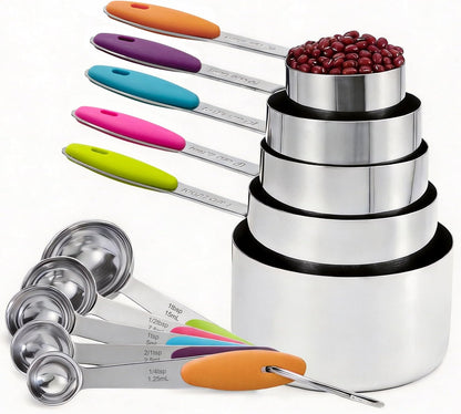 10Pcs Stainless Steel Measuring Cups & Spoons Set, Non-Slip