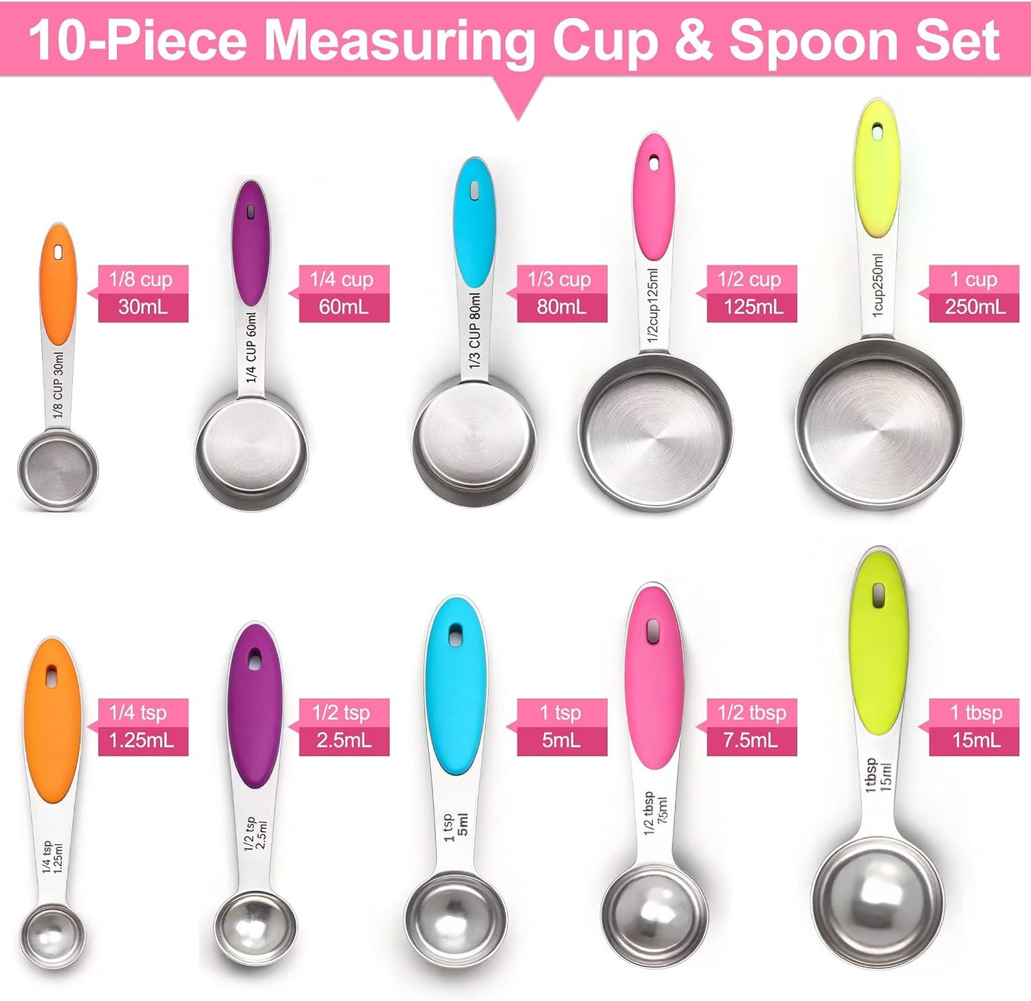 10Pcs Stainless Steel Measuring Cups & Spoons Set, Non-Slip