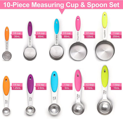 10Pcs Stainless Steel Measuring Cups & Spoons Set, Non-Slip