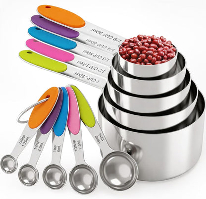 10Pcs Stainless Steel Measuring Cups & Spoons Set, Non-Slip