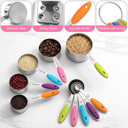 10Pcs Stainless Steel Measuring Cups & Spoons Set, Non-Slip