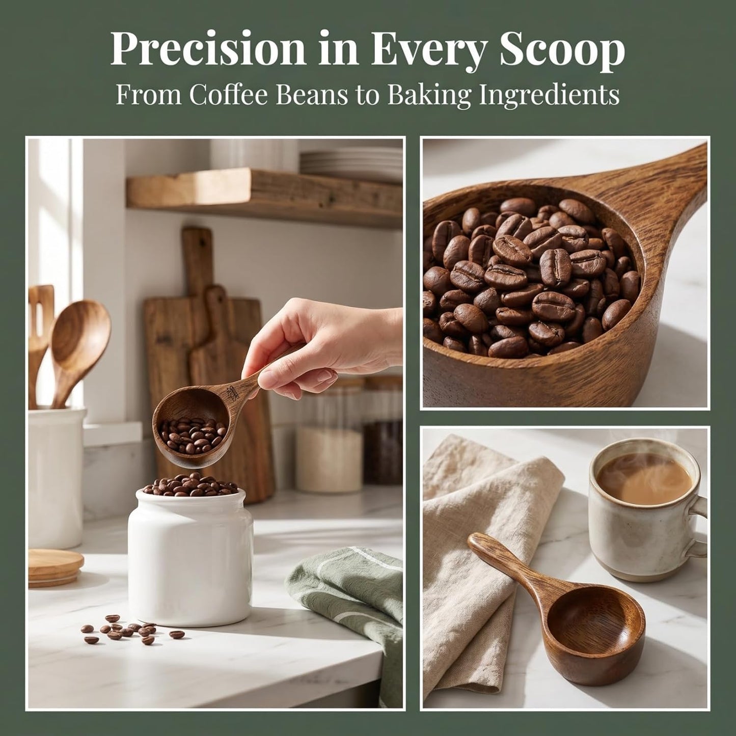 Wooden Measuring Spoon Bean Scoop 4.13X1.96X1.18In Kitchen Serving Ladle for Coffee Beans Milk Powder Tea Spices and Baking Ingredients
