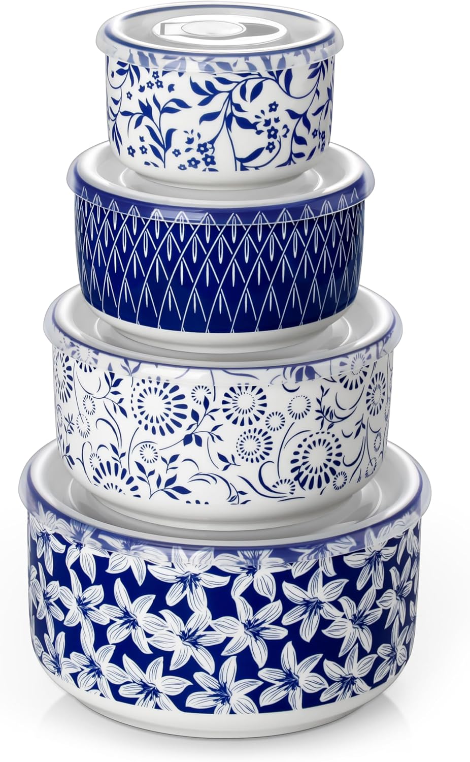 Ceramic Nesting Bowls with Lids Set of 4, Serving Bowls for Food Storage, Prep Bowl, Ceramic Bowl for Kitchen, Microwave & Dishwasher Safe, 60+36+20+10 Oz, Series SELENE