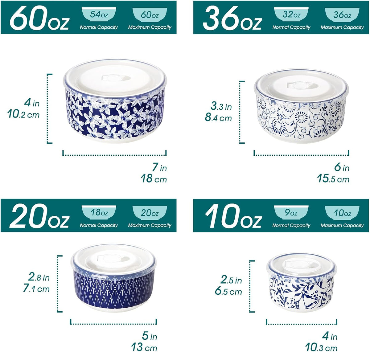 Ceramic Nesting Bowls with Lids Set of 4, Serving Bowls for Food Storage, Prep Bowl, Ceramic Bowl for Kitchen, Microwave & Dishwasher Safe, 60+36+20+10 Oz, Series SELENE