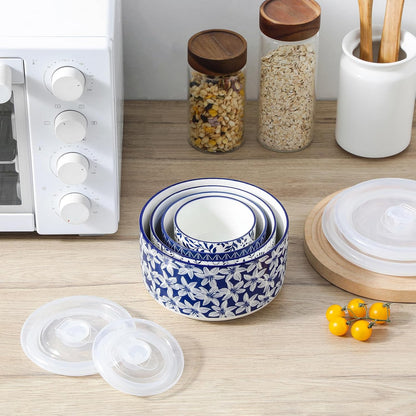 Ceramic Nesting Bowls with Lids Set of 4, Serving Bowls for Food Storage, Prep Bowl, Ceramic Bowl for Kitchen, Microwave & Dishwasher Safe, 60+36+20+10 Oz, Series SELENE