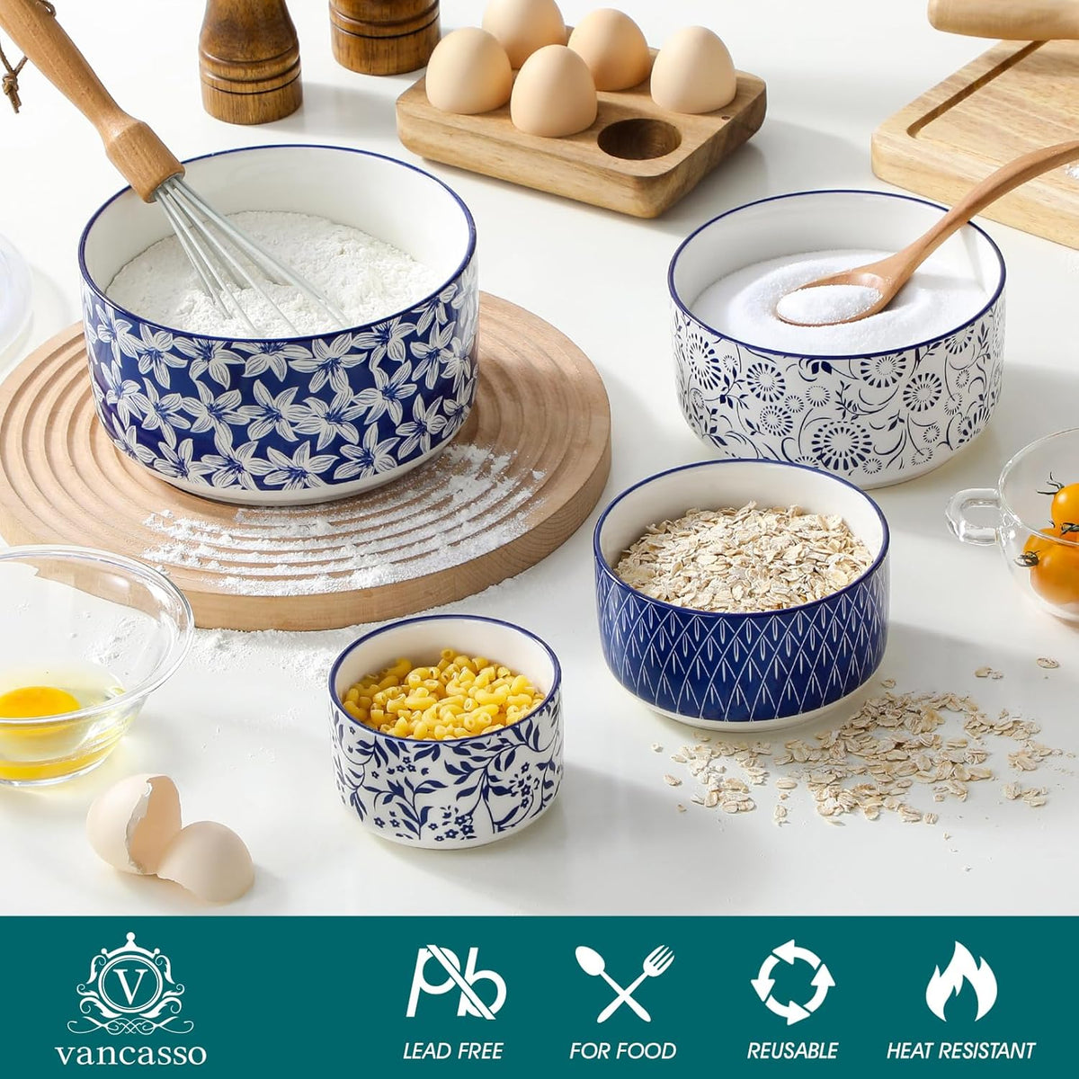 Ceramic Nesting Bowls with Lids Set of 4, Serving Bowls for Food Storage, Prep Bowl, Ceramic Bowl for Kitchen, Microwave & Dishwasher Safe, 60+36+20+10 Oz, Series SELENE