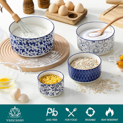 Ceramic Nesting Bowls with Lids Set of 4, Serving Bowls for Food Storage, Prep Bowl, Ceramic Bowl for Kitchen, Microwave & Dishwasher Safe, 60+36+20+10 Oz, Series SELENE
