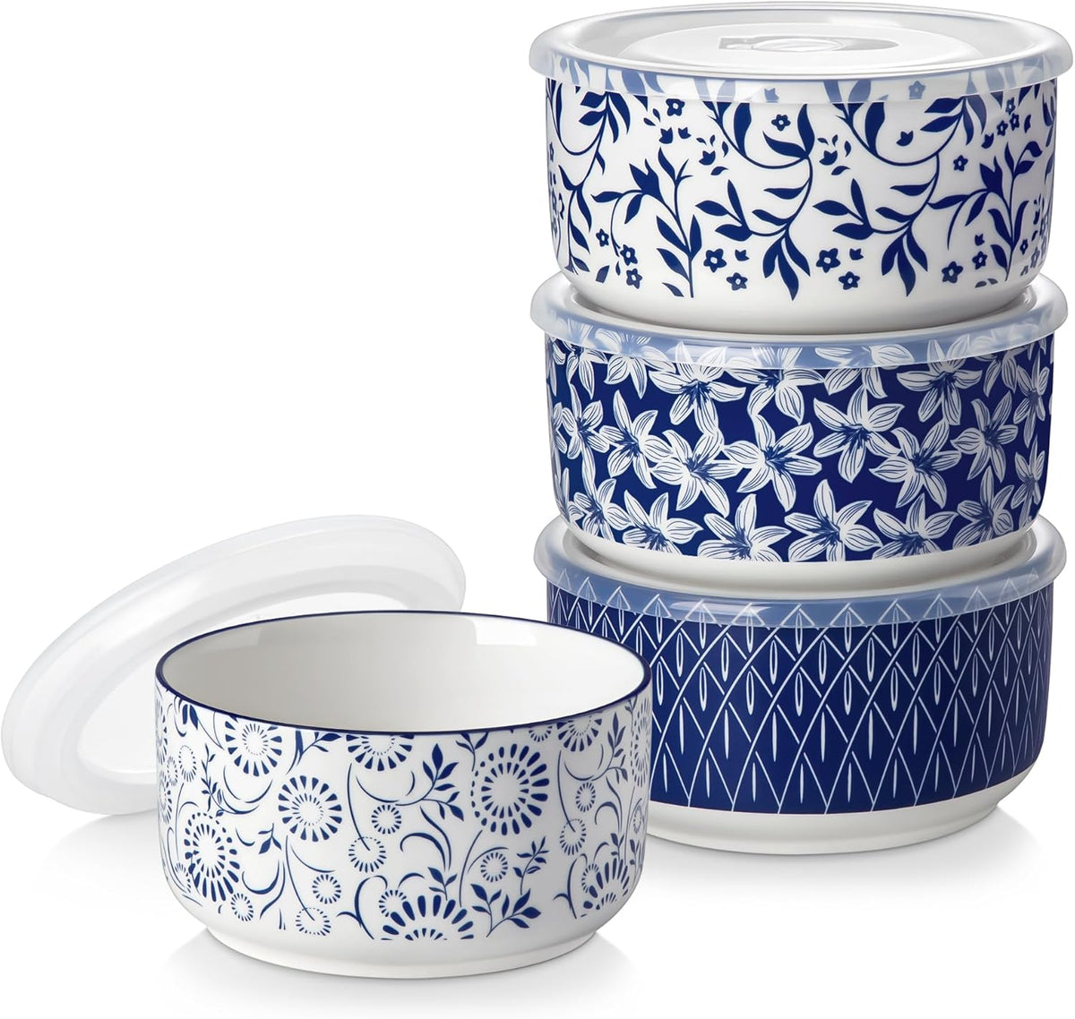 Ceramic Nesting Bowls with Lids Set of 4, Serving Bowls for Food Storage, Prep Bowl, Ceramic Bowl for Kitchen, Microwave & Dishwasher Safe, 60+36+20+10 Oz, Series SELENE