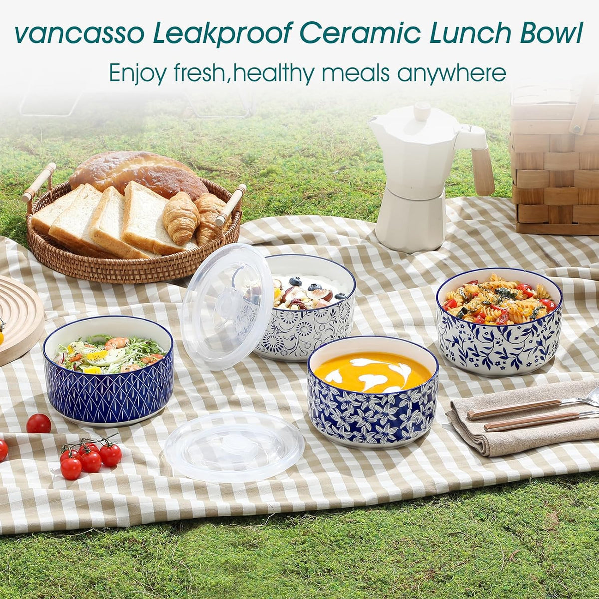 Ceramic Nesting Bowls with Lids Set of 4, Serving Bowls for Food Storage, Prep Bowl, Ceramic Bowl for Kitchen, Microwave & Dishwasher Safe, 60+36+20+10 Oz, Series SELENE