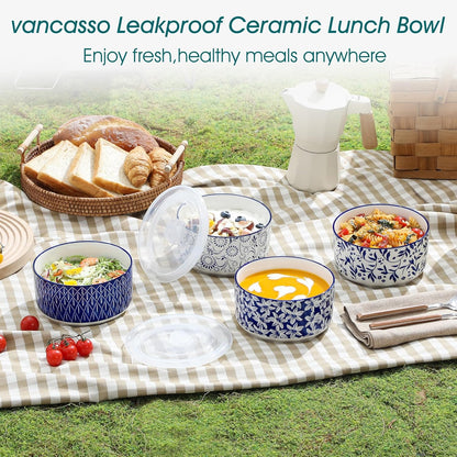 Ceramic Nesting Bowls with Lids Set of 4, Serving Bowls for Food Storage, Prep Bowl, Ceramic Bowl for Kitchen, Microwave & Dishwasher Safe, 60+36+20+10 Oz, Series SELENE