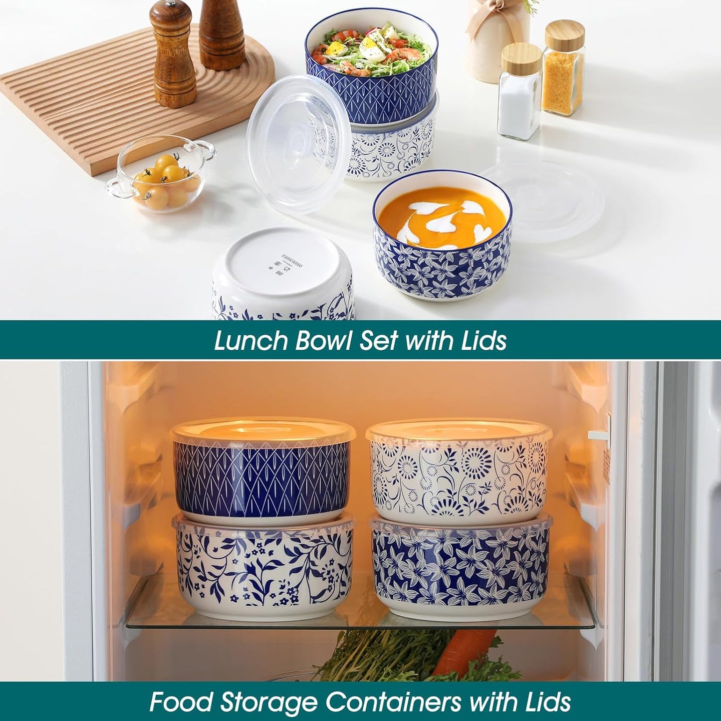 Ceramic Nesting Bowls with Lids Set of 4, Serving Bowls for Food Storage, Prep Bowl, Ceramic Bowl for Kitchen, Microwave & Dishwasher Safe, 60+36+20+10 Oz, Series SELENE