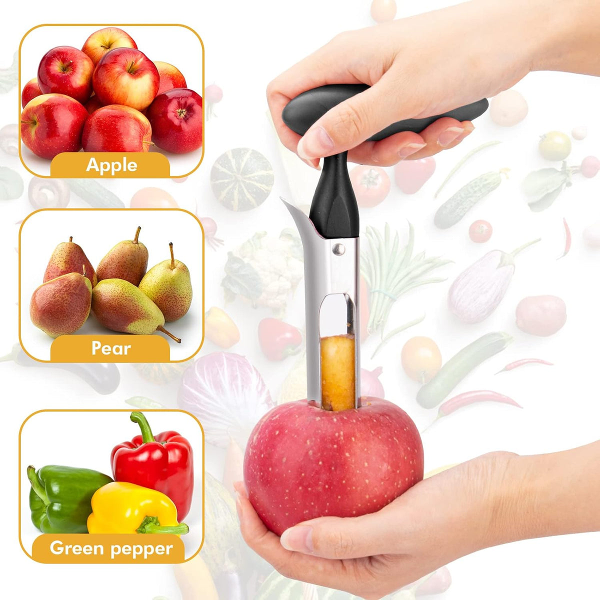 Apple Corer, Premium Stainless Steel Apple Corer Tool,Sturdy Ergonomic Handle, Easy to Use and Clean, Durable,Remover for Pears, Bell Peppers, Fuji, Honeycrisp, Pink Lady Apples (black)