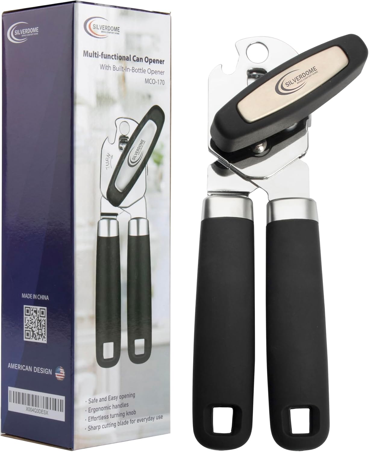 Heavy Duty Stainless Steel Manual Can Opener with Bottle Opener Function- Rust Proof and with Soft Grip Handle, razor sharp, smooth and easy cutting