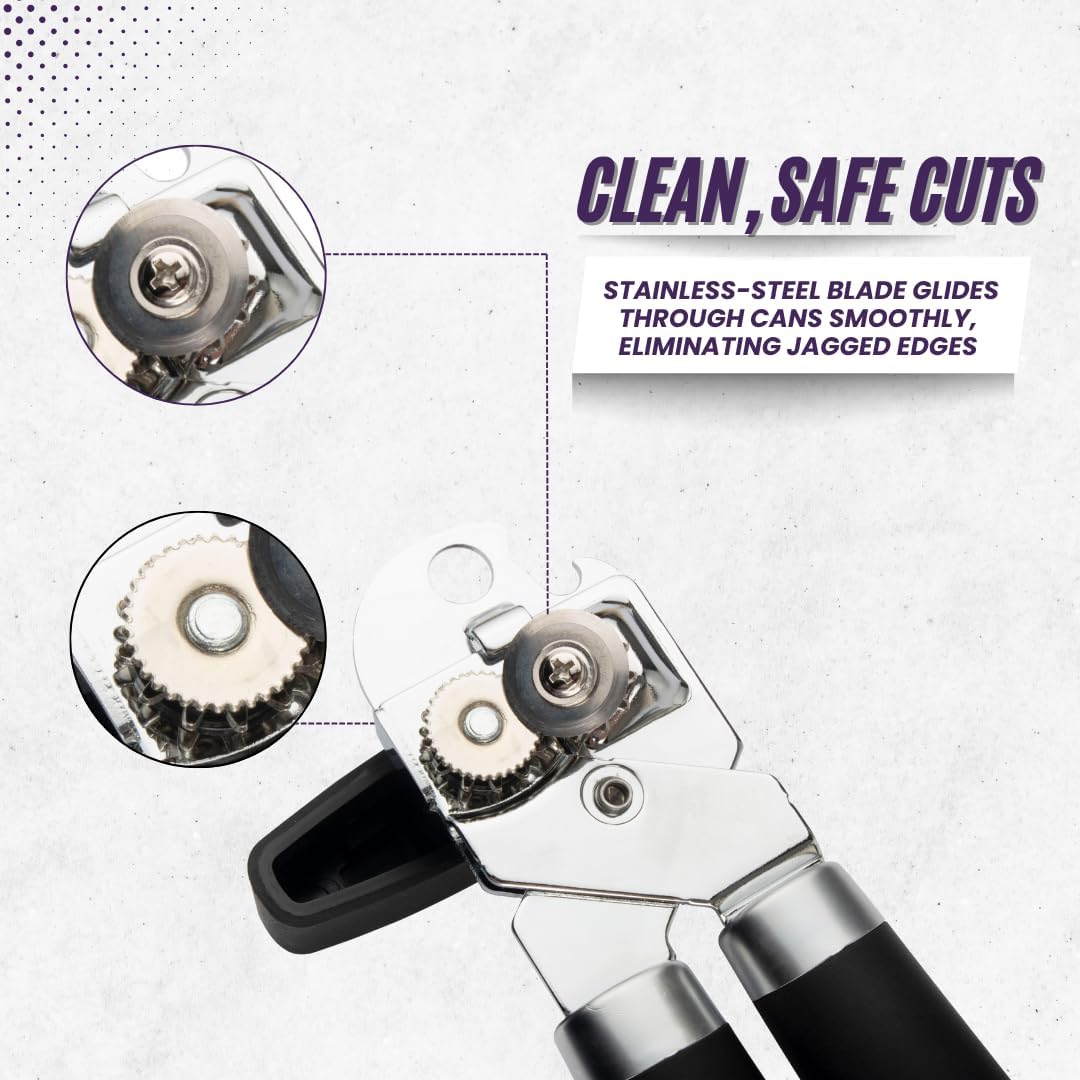Heavy Duty Stainless Steel Manual Can Opener with Bottle Opener Function- Rust Proof and with Soft Grip Handle, razor sharp, smooth and easy cutting