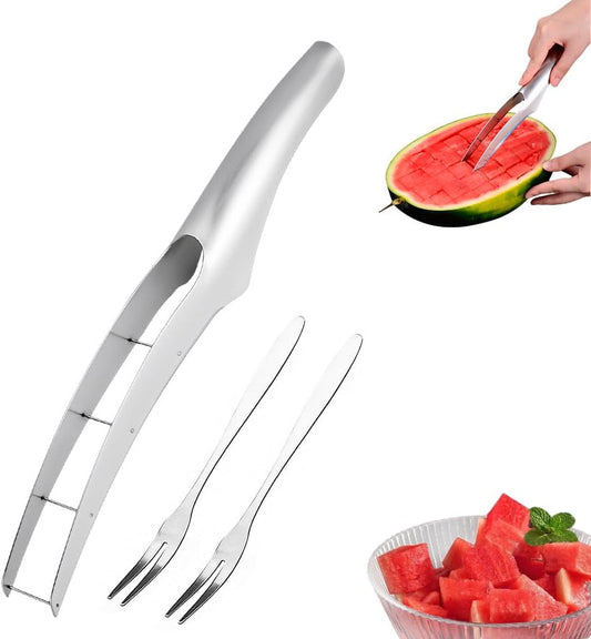 Watermelon Cutter Slicer - with 2 Forks, Stainless Steel Watermelon Cube Cutter, Easy Watermelon Knife Fruit Slicer Tool, Melon Baller Kitchen Gadget for Fruit Salad (1 Set)