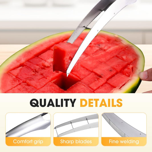 Watermelon Cutter Slicer - with 2 Forks, Stainless Steel Watermelon Cube Cutter, Easy Watermelon Knife Fruit Slicer Tool, Melon Baller Kitchen Gadget for Fruit Salad (1 Set)