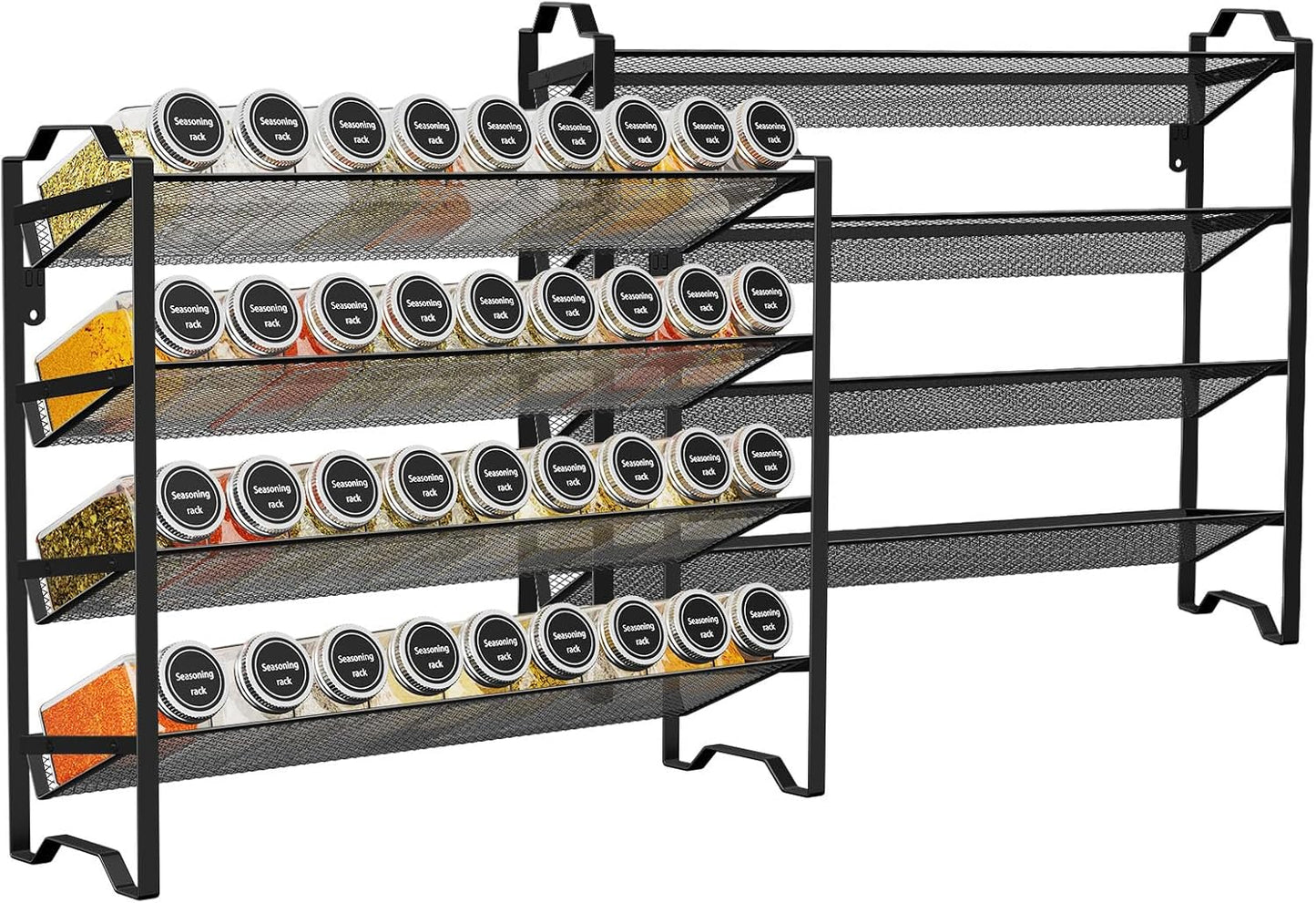2 Pack 4 Tier Spice Rack Organizer,Stackable Kitchen Counter Shelves,for Cabinet,Countertop,Pantry, Door or Wall Mount, Metal Mesh,Jars not Included, Black