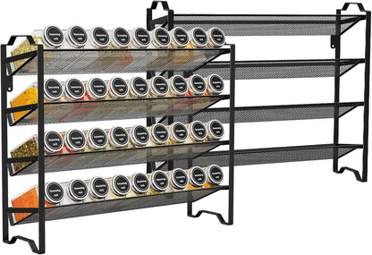 2 Pack 4 Tier Spice Rack Organizer,Stackable Kitchen Counter Shelves,for Cabinet,Countertop,Pantry, Door or Wall Mount, Metal Mesh,Jars not Included, Black