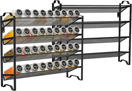 2 Pack 4 Tier Spice Rack Organizer,Stackable Kitchen Counter Shelves,for Cabinet,Countertop,Pantry, Door or Wall Mount, Metal Mesh,Jars not Included, Black